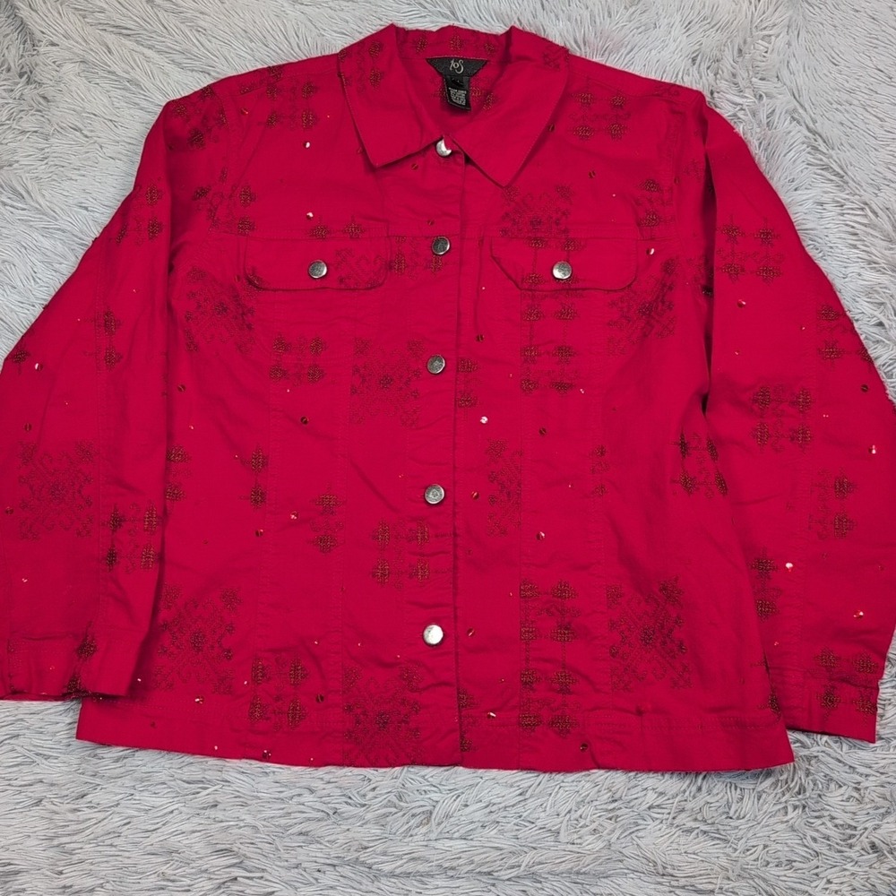 IOS‎ Jacket Womens M Red Denim Button Up  Stretch Sparkle Embroidery Casual